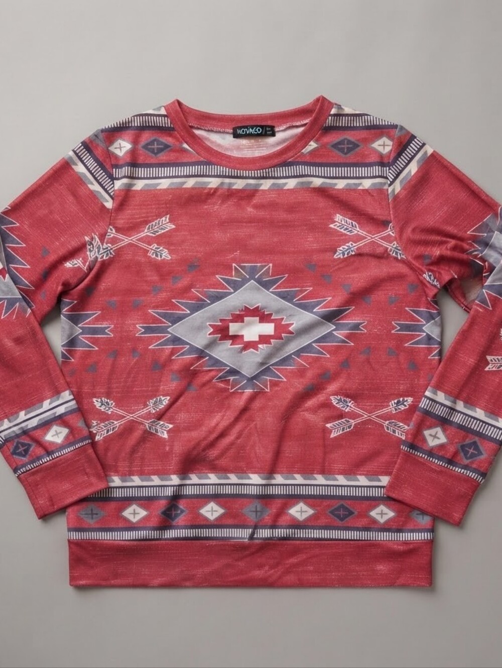 Noracora Red Aztec Print Long Sleeve Graphic Top Size S Southwestern Casual